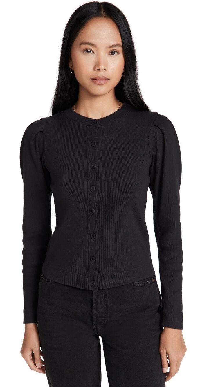 AMO Women's Puff Sleeve Cardigan, Vintage Black, XS